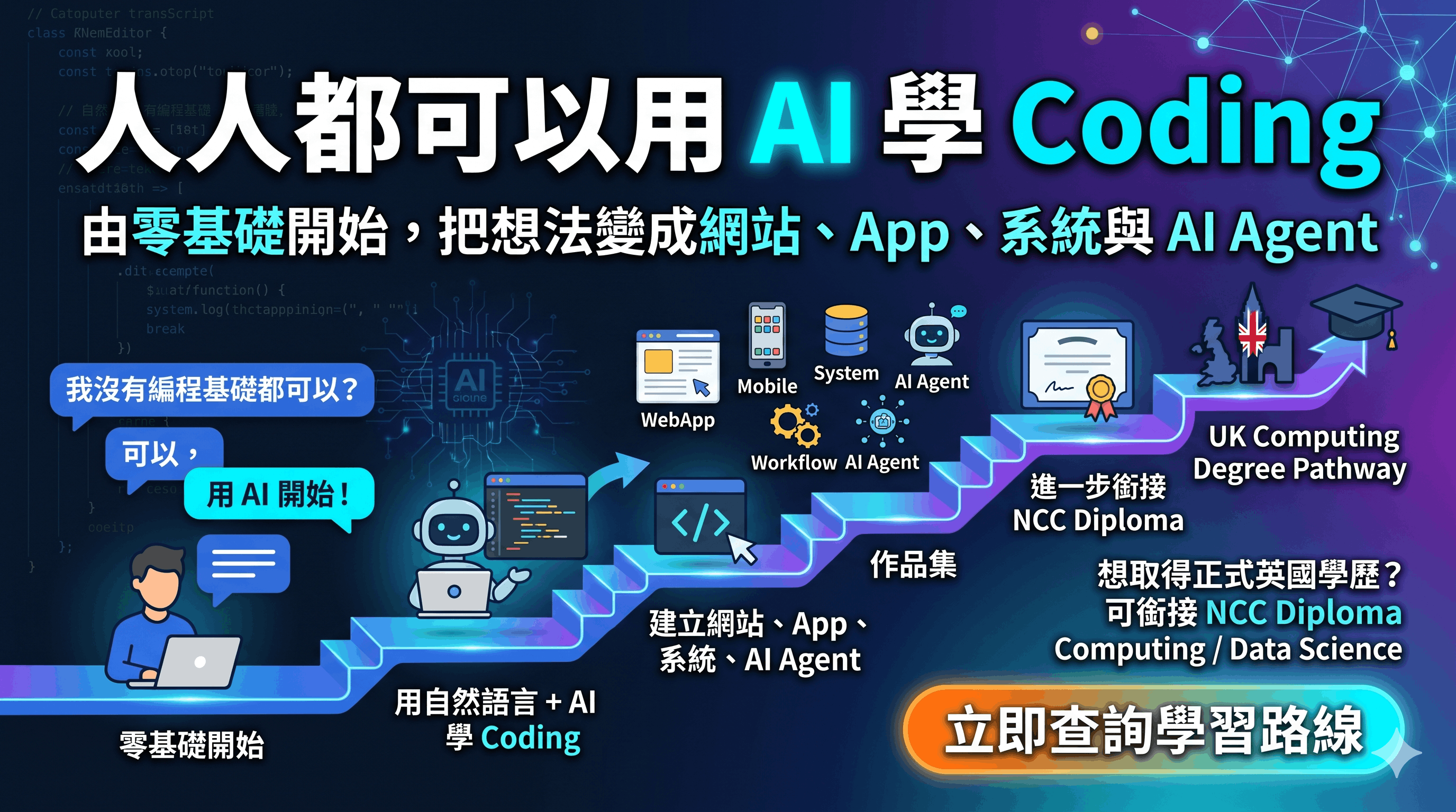 UNiSOFT IT AI Career Fast Track - 零基礎學 Coding，AI 編程課程，AI Vibe and Agentic Coding 文憑，Agentic Coding，Python，JavaScript，Web App，AI Agent，RAG，Multimodal AI，NCC 英國文憑銜接 Degree Year 3
