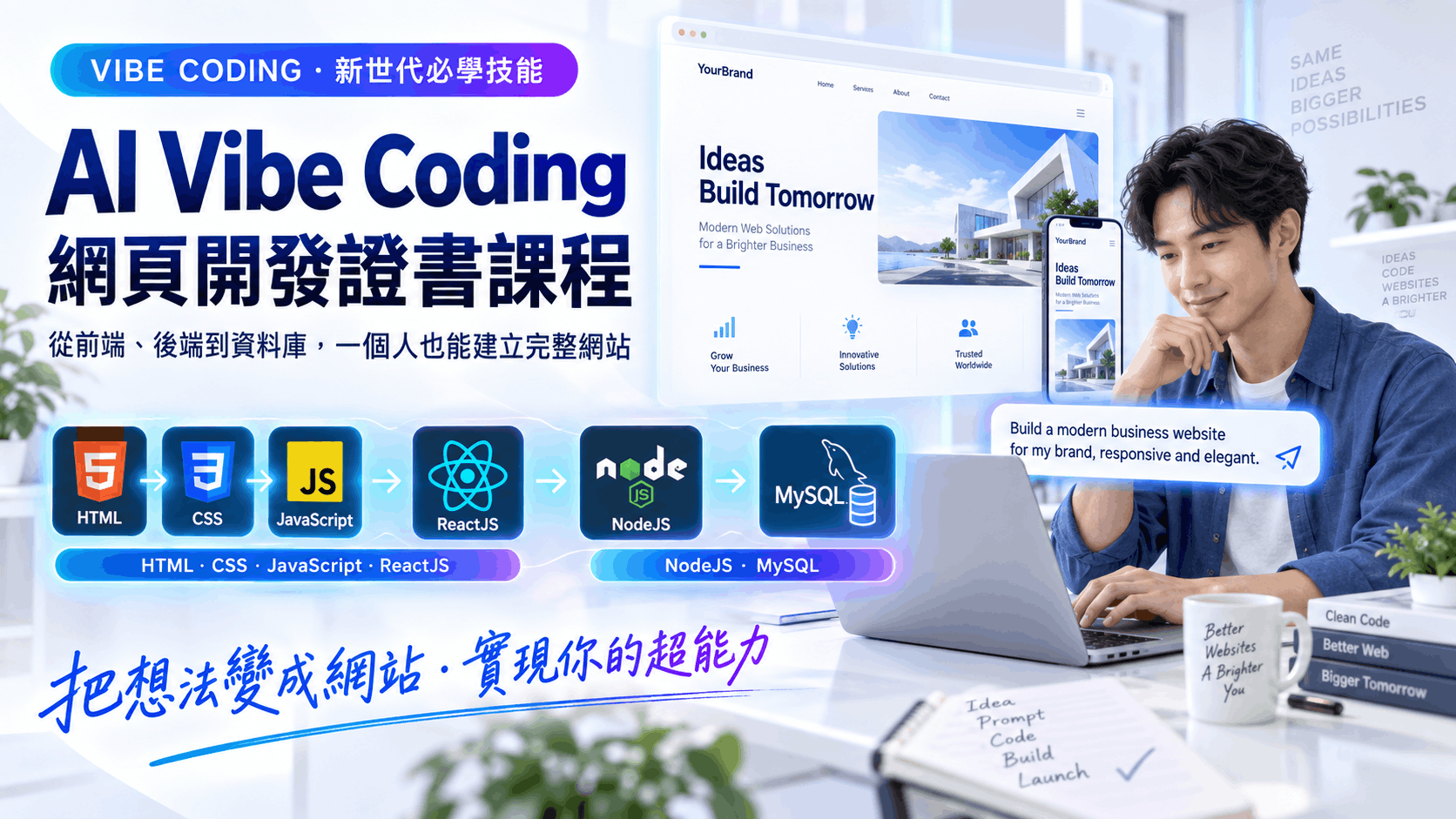 AI Vibe Coding 網頁開發證書課程：HTML、CSS、JavaScript、ReactJS、NodeJS 與 MySQL